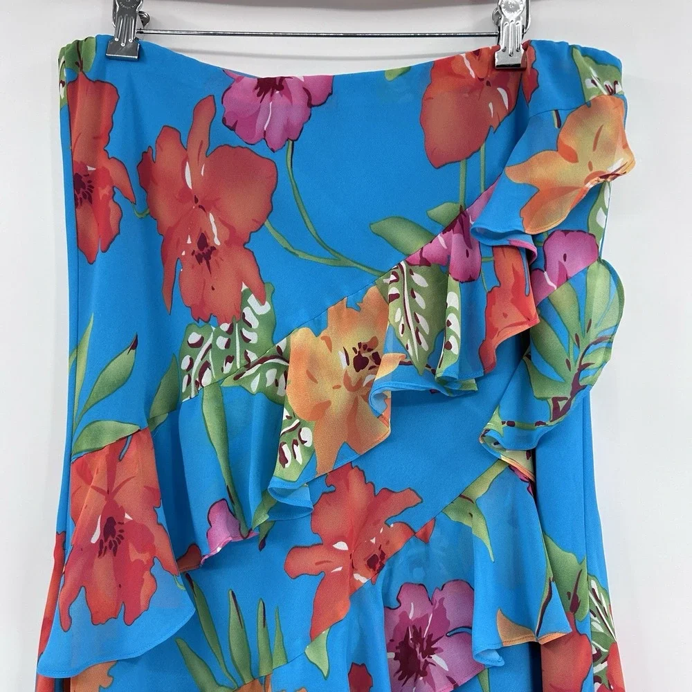 Chaps Womens Tropical‎ Floral Ruffled Midi Skirt Size L Blue Bloomcore Fairy
